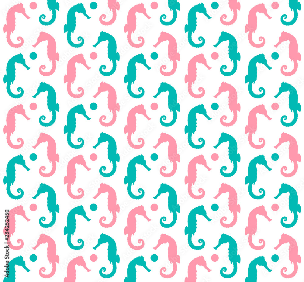 Blue and pink sea horses pattern on the white background. Vector Illustration