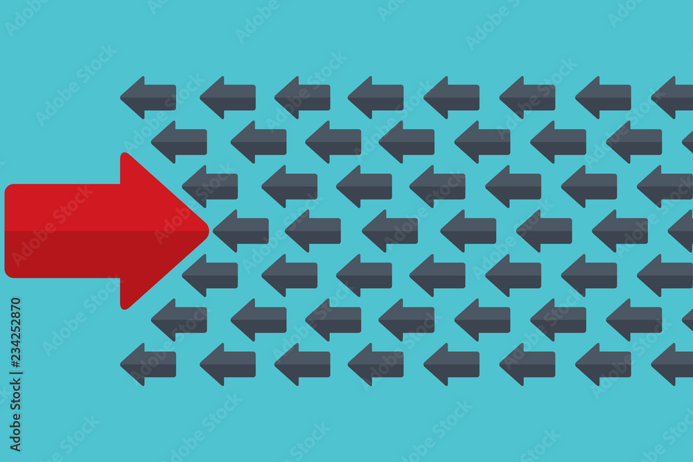 The arrrow is moving against the mainstream. Think differently. Stand out from the crowd concept. The arrrow is moving against the mainstream. Think differently. Stand out from the crowd concept.
