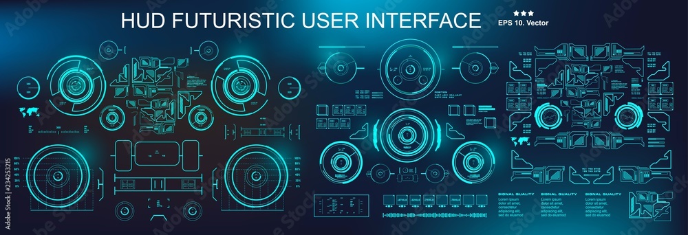 HUD futuristic blue user interface, target. Dashboard display virtual reality technology screen