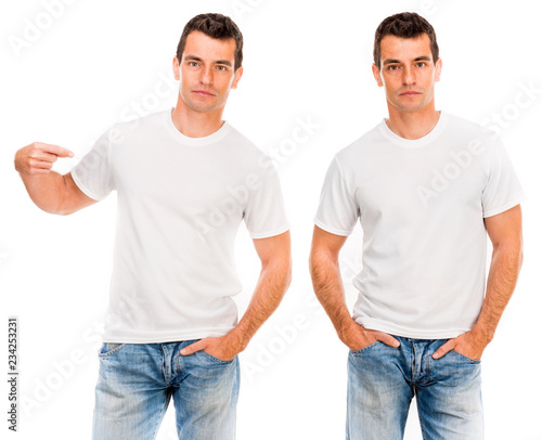 Man in a white T shirt isolated on white background for your design