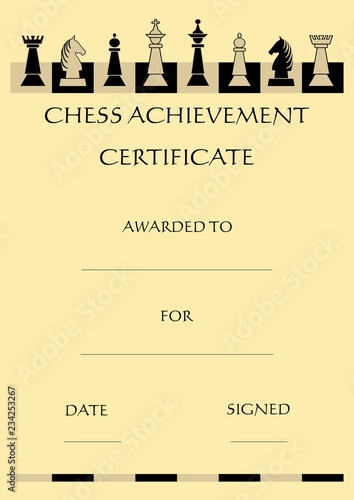 Chess achievement certificate with complet set chess pieces on chessboard, beige background in old paper style, vector template