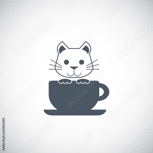 Cute cat with coffee cup logo vector.