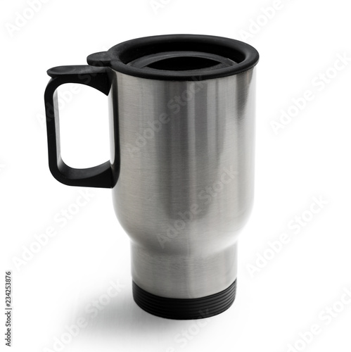 Huge lovely metallic thermocup with black comfortable handle isolated on a white background
