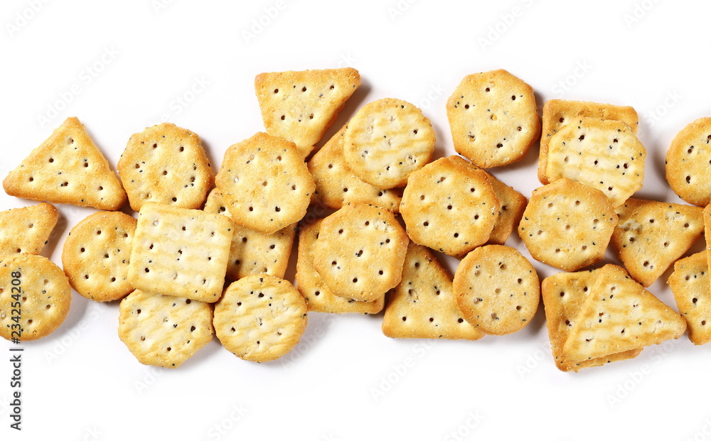 salty cracker biscuit isolated on white background and texture, top view