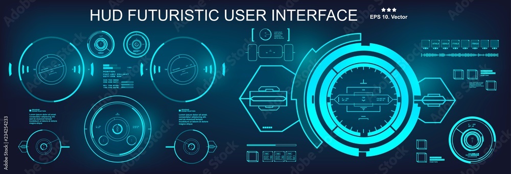 HUD futuristic blue user interface, target. Dashboard display virtual reality technology screen