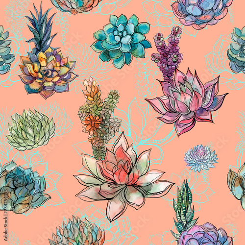 Seamless pattern with succulents . Graphics. Watercolor. Vector