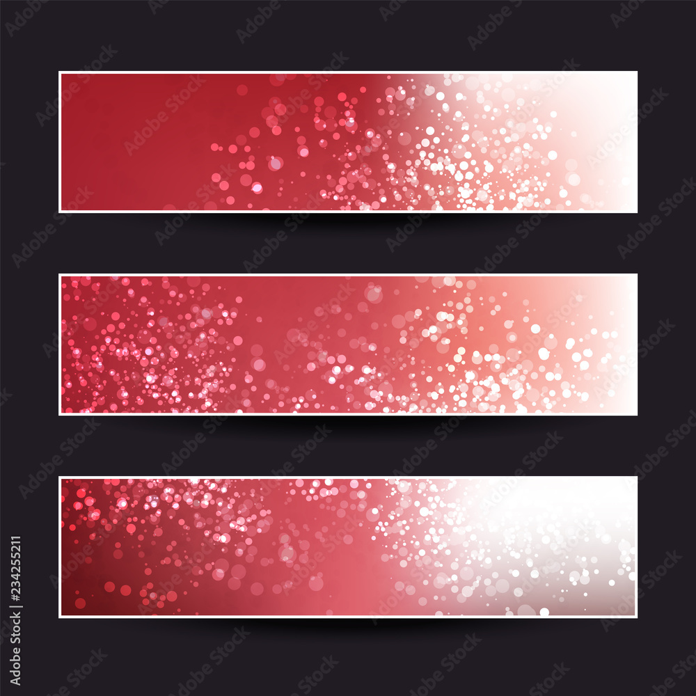 Set of Dark Red Horizontal Sparkling Banner Designs for Christmas, New Year, Seasonal Events or Holidays