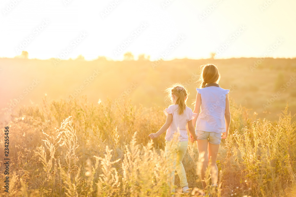 Little girls stand by holding hands looking on sunshine evening field Little girls stand by holding hands looking on sunshine evening field