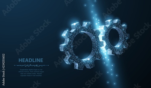 Gears. Abstract vector wireframe two gear 3d modern illustration on dark blue background. photo