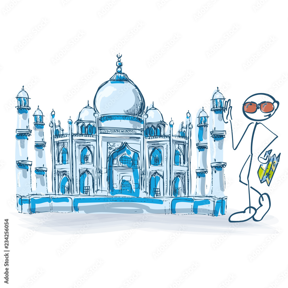 Strichmännchen als Tourist mit Taj Mahal in Indien