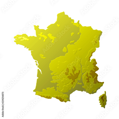 france 3d relief physical hypsometric map in yellow color illustration