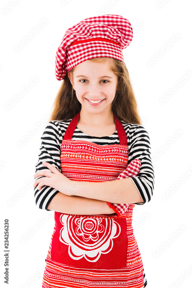 Little positive girl in red apron and red baking glove waving isolated on white background Little positive girl in red apron and red baking glove waving isolated on white background