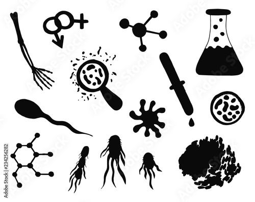 biology microbes and molecules invitro vector silhouettes set. isolated objects