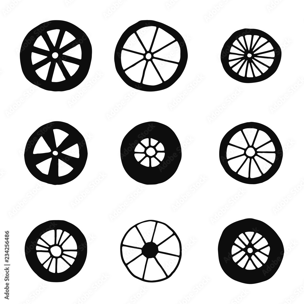 wheels silhouettes set vector icons. isolated objects