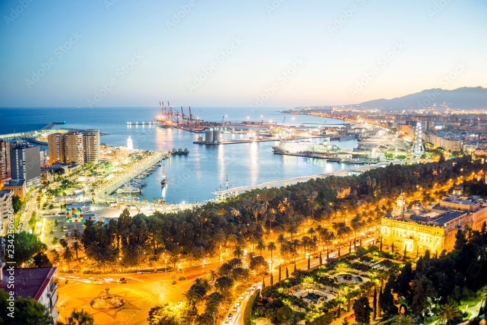 Malaga skyline with port at the evening, Andalusia, Spain