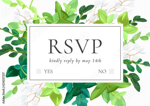 Floral wedding invitation or save the date card with green leaves, succulents, eucalyptus and white may flowers. Vector illustration.