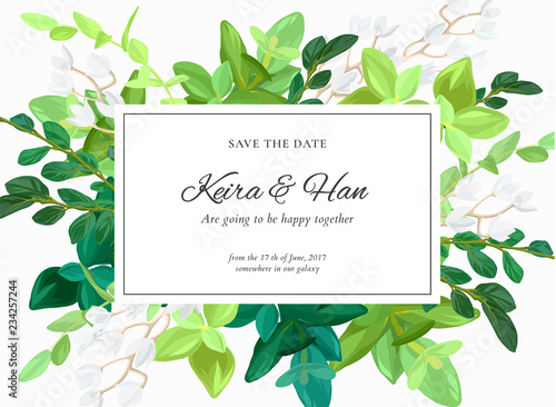Floral wedding invitation or save the date card with green leaves, succulents, eucalyptus and white may flowers. Vector illustration.