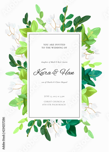 Floral wedding invitation or save the date card with green leaves, succulents, eucalyptus and white may flowers. Vector illustration.