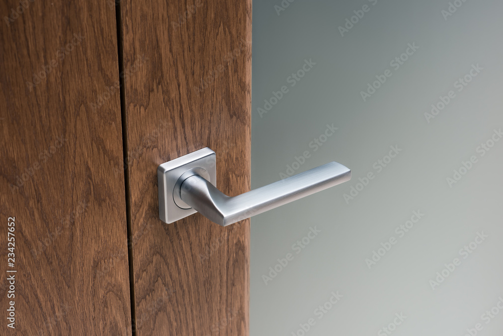 Fototapeta premium Close-up of modern steel door handle on interior door. Dark oak and frosted glass..