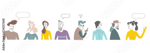 People avatar vector icon.Bright people portraits - young men and women.Talking people with speech bubbles above and watching eyes in the sky,chat,supervising concept.face character people