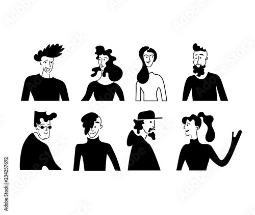 People avatar vector icon.Bright people portrait.Young men and women.Talking people with supervising concept.face character.hand drawn flat style vector design concept illustration. Black silhouette