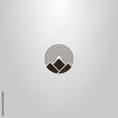 black and white simple vector geometric round sign of of three mountains and round rays of the sun