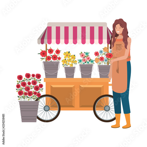 woman seller of flowers in kiosk store avatar character