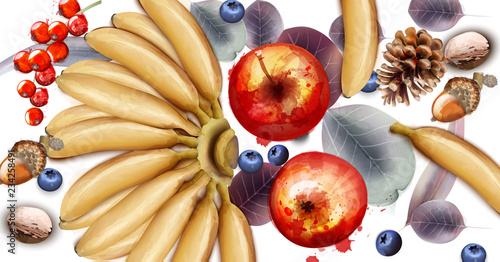 Bananas, apples and blueberries fruits Vector watercolor. Exotic delicious fr...