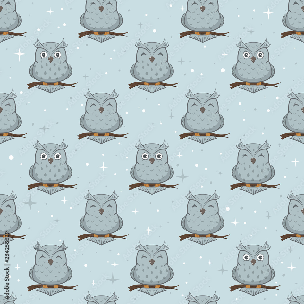 Obraz premium Blue Seamless Background with Owls