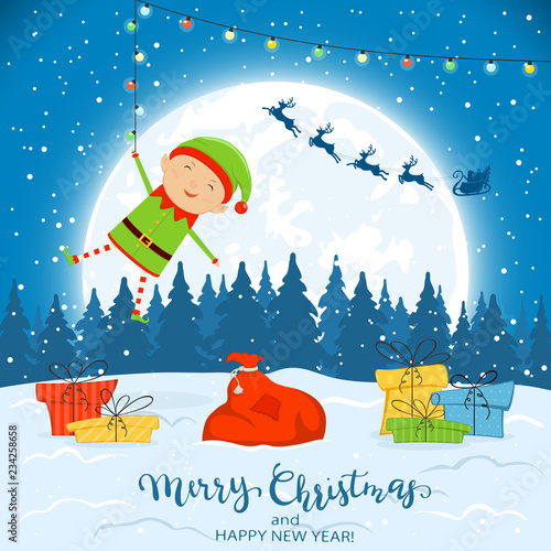 Elf on Winter Background with Gifts and Christmas Lights