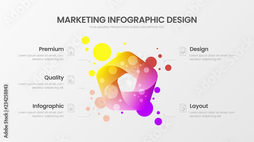 Premium quality 5 option marketing analytics presentation vector illustration template. Creative business data visualization design layout. Amazing colorful fresh organic statistics infographic report