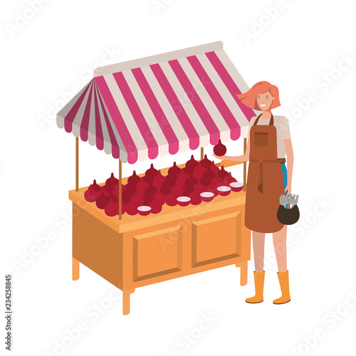wooden shelf with vegetables and seller woman