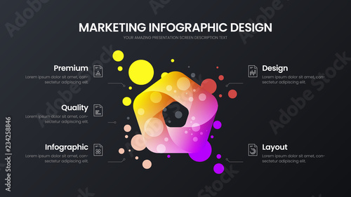 Premium quality 5 option marketing analytics presentation vector illustration template. Creative business data visualization design layout. Amazing colorful fresh organic statistics infographic report
