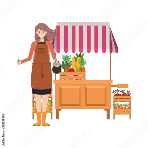 vegetable seller woman with kiosk isolated icon
