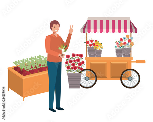 man seller of flowers in kiosk store avatar character