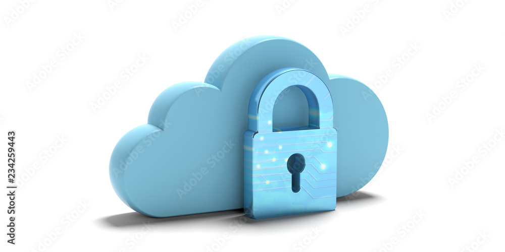 Cloud computing security. Blue cloud and padlock isolated on white background. 3d illustration Cloud computing security. Blue cloud and padlock isolated on white background. 3d illustration
