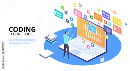 Developing programming and coding technologies concept. Isometric programmer