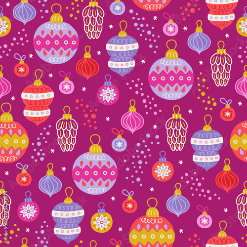 Christmas seamless pattern with balls, baubles, cones, snowflakes, confetti