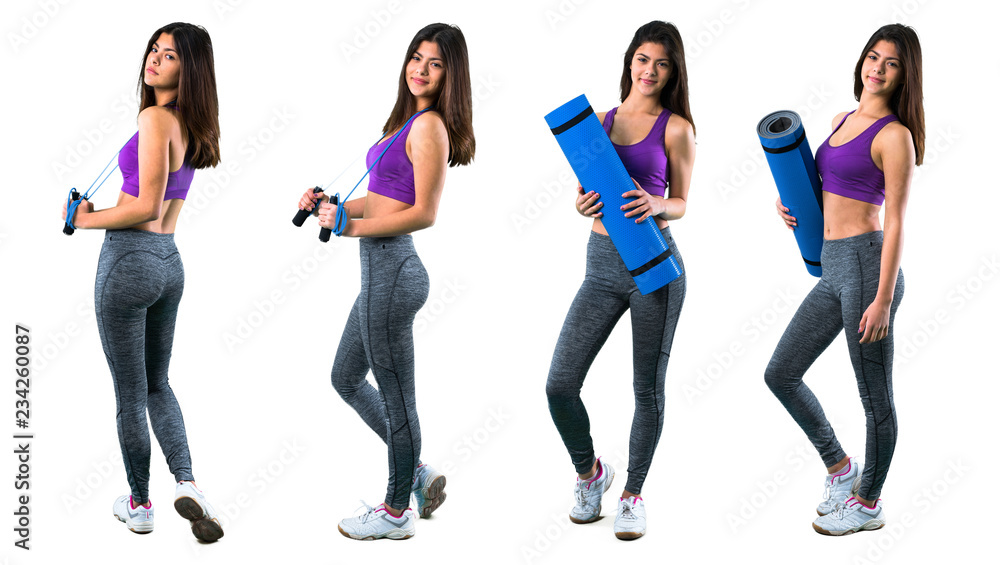 Obraz premium Set of Young sport girl with a mat and with jumping rope