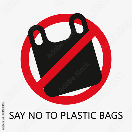 Say no to plastic bags. Cartoon styled images with signage calling for stop using disposable polythene package. Vector illustration.