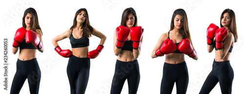Set of Young sport girl with boxing gloves