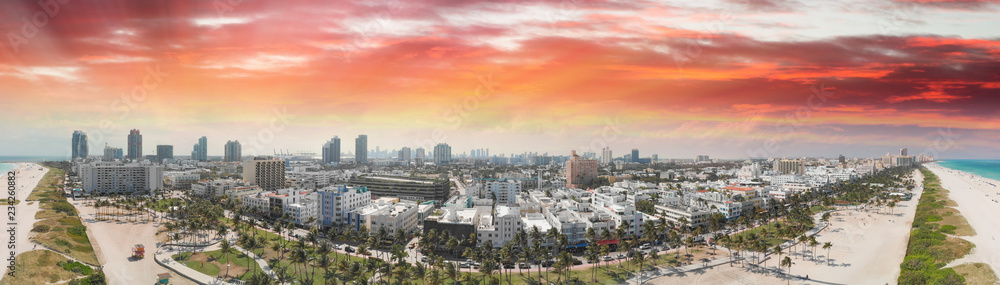 South Beach in Miami at sunset. Panoramic aerial view of city and coastline