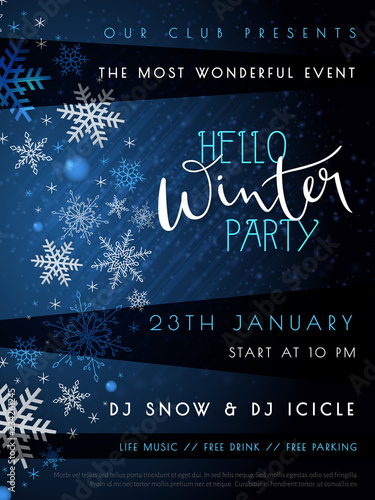 Vector illustration of winter party poster with hand lettering label - winter - with snowflakes