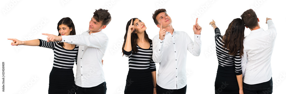Collage of Young couple pointing with the index finger Collage of Young couple pointing with the index finger