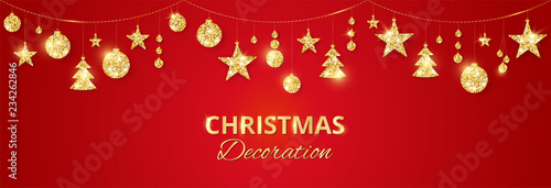 Fototapeta Naklejka Na Ścianę i Meble -  Christmas golden decoration on red background. Holiday vector frame, border.