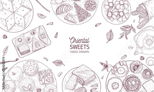 Monochrome banner template with oriental sweets lying on plates drawn with contour lines on white background, top view. Traditional desserts, tasty confectionery. Realistic vector illustration.