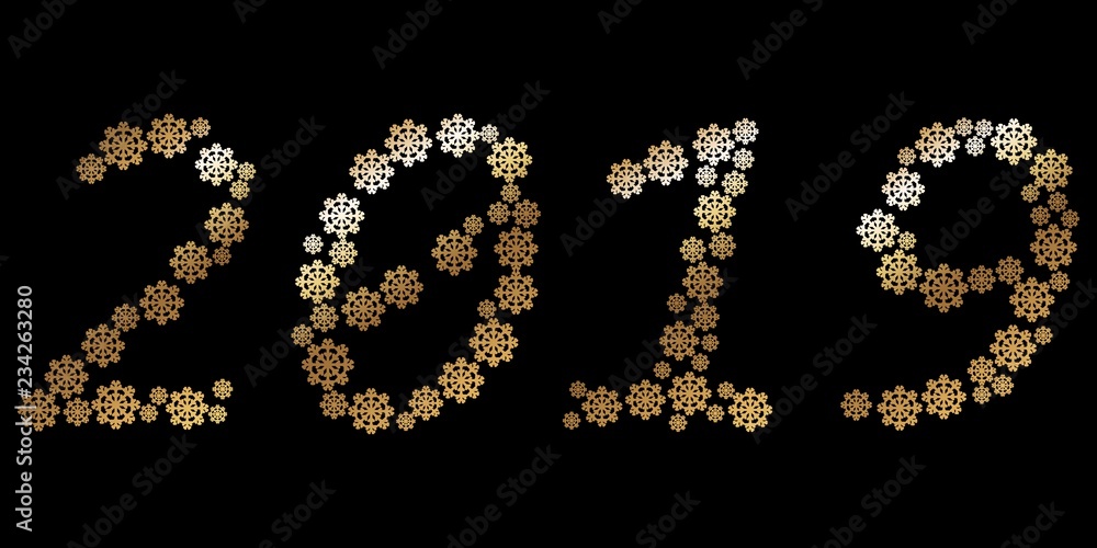 2019 inscription from golden snowflakes on black
