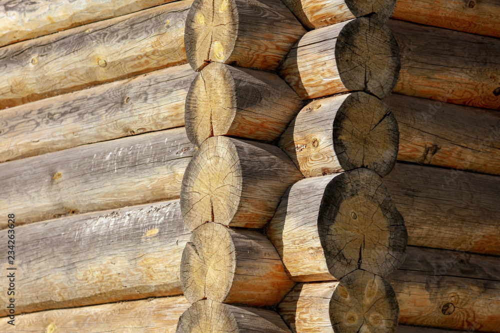 Wall with log house in the house as a background Wall with log house in the house as a background