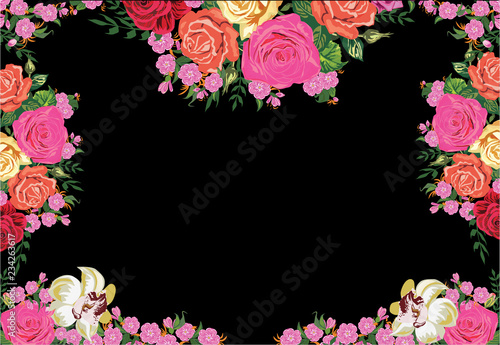 bright colors roses frame on black background