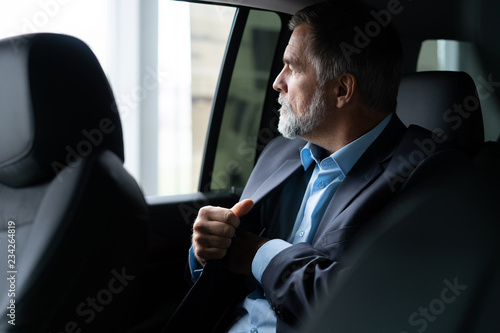 transport, business trip and people concept - senior businessman driving on car back seat.